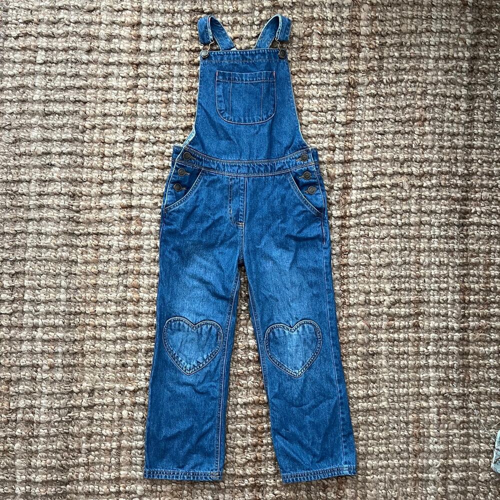 Mini Boden Kids Denim Overalls 8-9Y Heart Knee Patches Floral Lined Dungarees